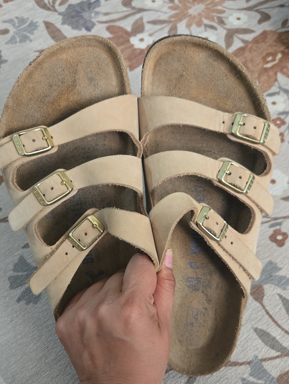 Birkenstock Florida Triple Strap Tan Sandcastle Nubuck Leather Size 40 9 - Picture 5 of 8